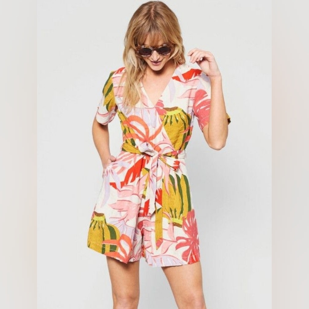 Gorman Banana Rama Linen Wrap Dress Tropical Print Belted Size 10